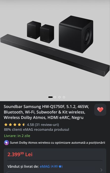 Samsung soundbar cu doua boxe 5.1.2, calitate impecabila achizitionate acum 6 luni inca in garantie