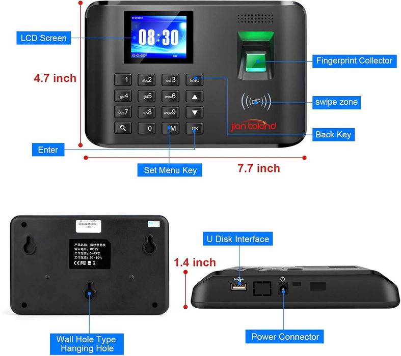 JIAN BOLAND A5 Часовник за служители, Пръстови отпечатъци, RFID и PIN