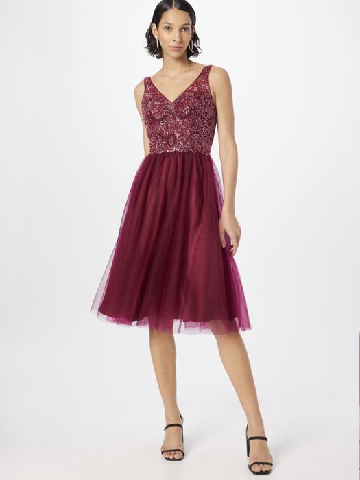 Официална рокля Laona в бордо червено с камъни и тюл за сватба