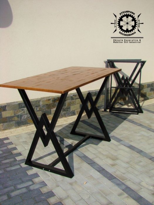 Masa fier cu blat natural lemn DESIGN INDUSTRIAL- demontabila