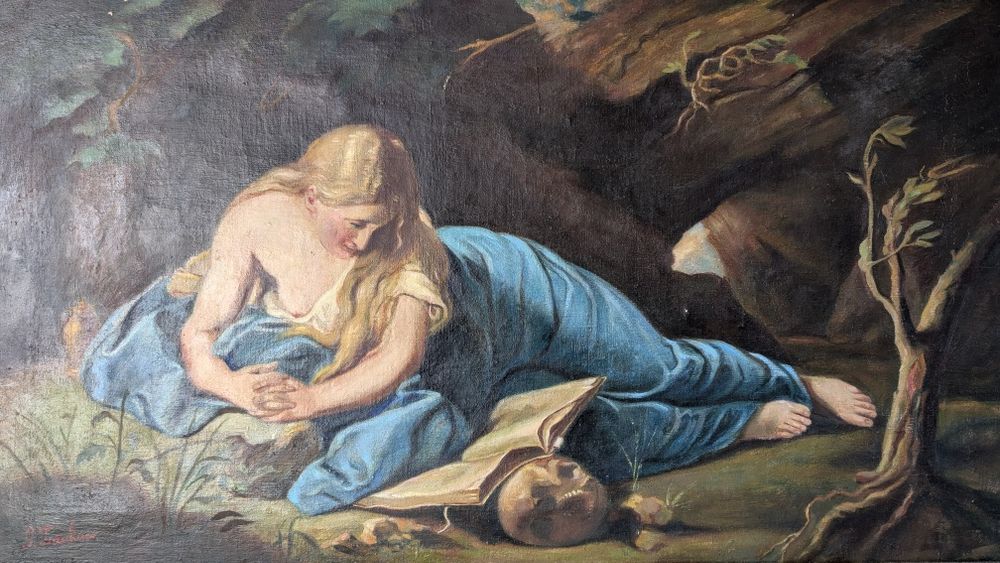 Rama veche, de calitate continund o copie de ulei pe panza (litografie veche) 107 x 65 cm, rama foarte interesanta, Maria Magdalena pocaind