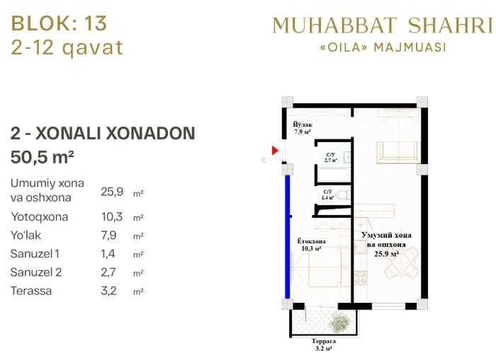 Muhabbat Shahri TJM, 2 xonali xonadon 50,5  Yashnobod tumani
