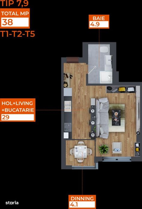 Apartament 1 Cameră | TIP 7 | 38mp | Complex Comat Towers