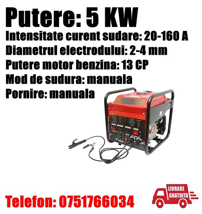 Aparat Sudura Electrod 160 A cu Generator Electric Benzina 13 CP 5.2 KW Casnic Ferma Atelier Auto Santier + LIVRARE GRATUITA TM