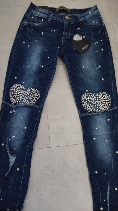 Дамски нови дънки с перли S/36