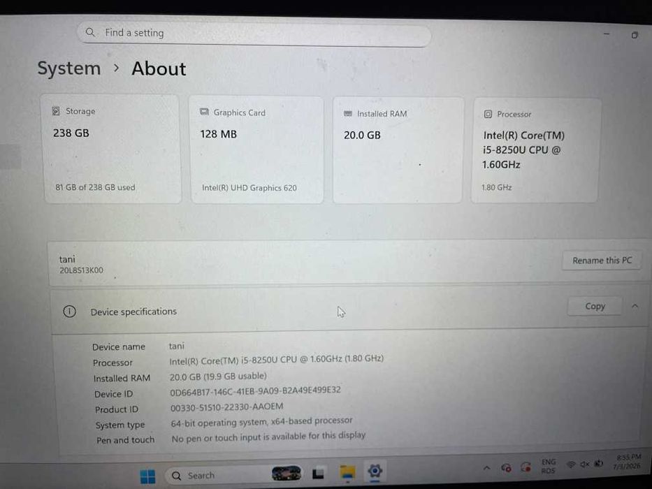 Laptop Lenovo T480s i5-8250U 20GB RAM, incarcator, mouse, Windows