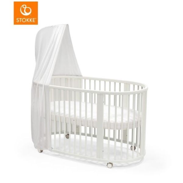 Patut stokke sleppi white cu baldachin, saltea , protectie si cearceaf