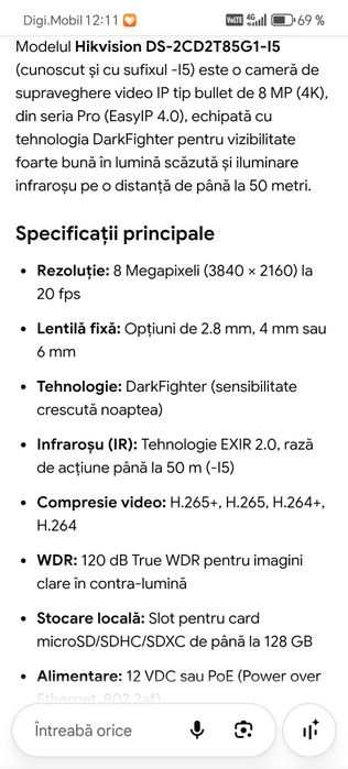 Camera video hikvision 8mega pixeli