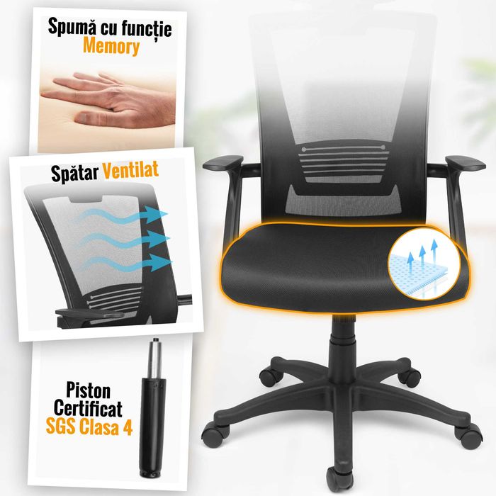 Scaun de Birou, Dr.Home Pixy XL, Suport Lombar, Tetiera, Mesh - Negru