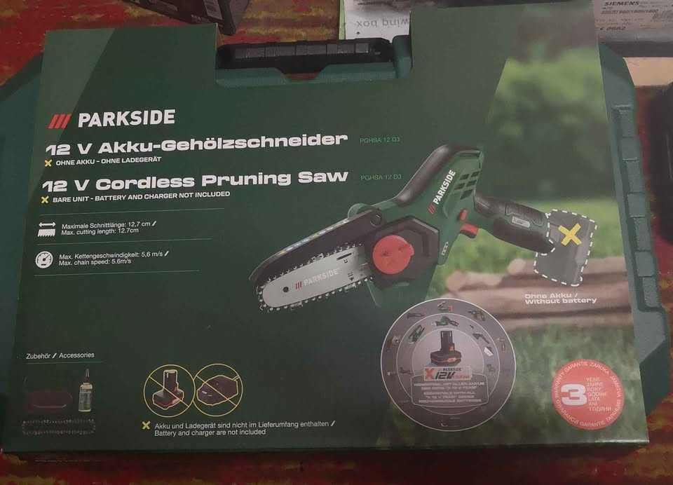 Drujbă cu lanț Parkside NOUĂ pe acumulator 12 V (neinclus), lanț rezervă, minidrujbă, garanție 3 ani
