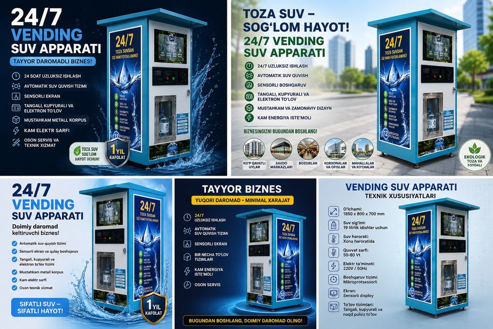 Vending Suv Aparati – 24/7 Avtomatik Toza Ichimlik Suvi Savdosi