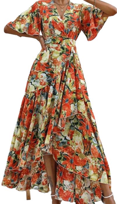 Rochie lunga de vara, asimetrica, cu volane