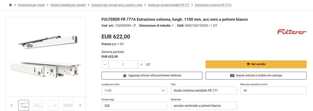 Glisiera telescopica Heavy Duty 1100mm 200kg Fulterer