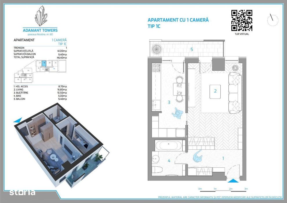 Adamant Towers | 1 camera, finalizat, INTABULAT, 46.4 mp |Sos Nicolina