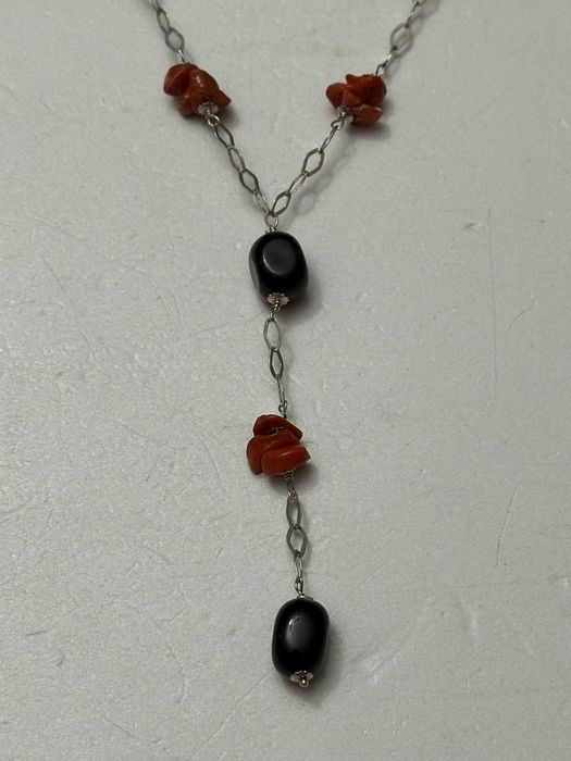 COLIER ARGINT 925 + Pietre ONIX Negre + Bucati CORAL - 24g. - Vintage