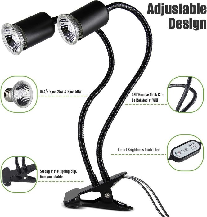 Нагревателна лампа за влечуги 2 UVA/UVB крушки (25W + 50W) с таймер