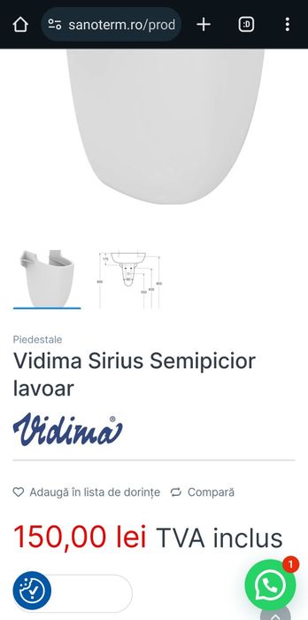 Lavoar 55 x 45 + semi-picior ceramica, Vidima Ulysse, produs nou