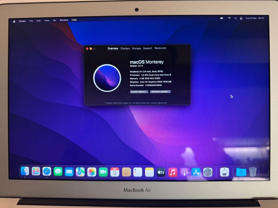 Macbook air 2015(A 1466), stare impecabilă, macOS Monterey, Cutie