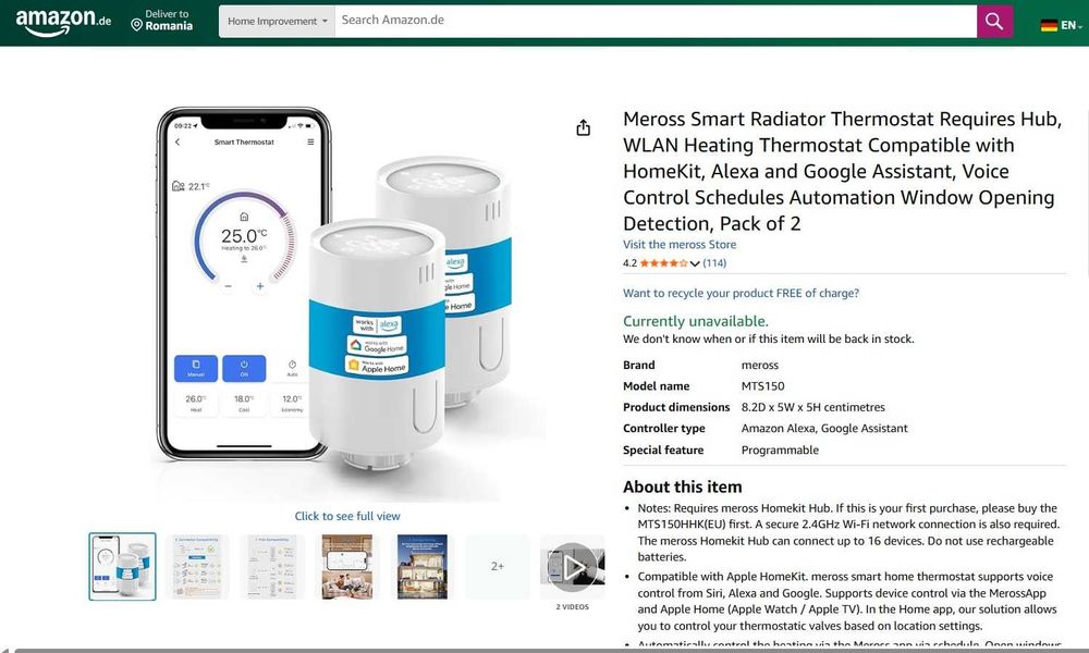 Set 2 termostat inteligent calorifer Meross, compatibil HomeKit, Alexa