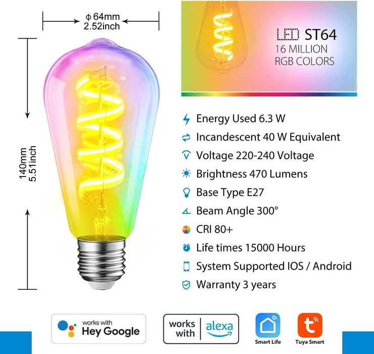 Смарт Wi-Fi LED крушка E27,6.3W,RGB +  бяло, с дистанционно управление