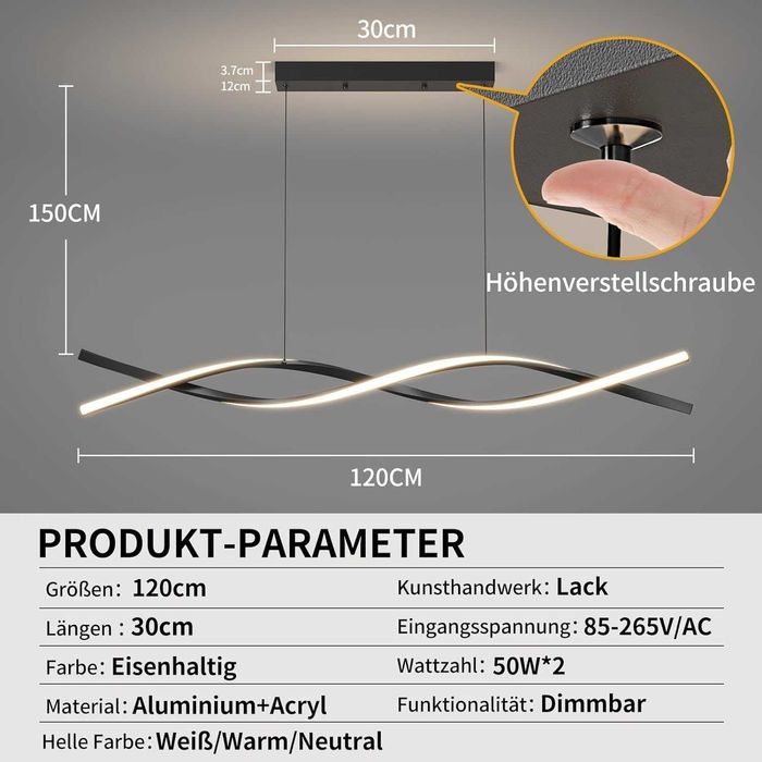 Lampa suspendata LED, moderna, 120cm, neagra