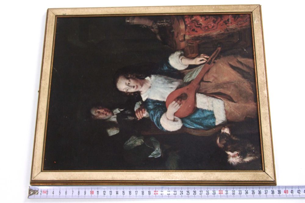 Reproducere inramata "Woman playing a lute" - "Femeie cântând la vioara", impecabil, 199 lei