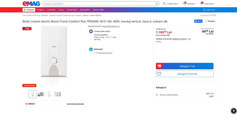 Boiler instant electric Bosch Tronic Comfort Plus, REDUS de la 1100RON