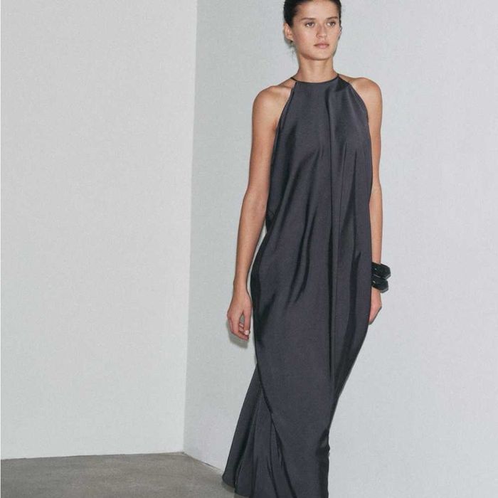 Zara rochie lunga Limited Edition spate gol satin petrol navy eleganta unica