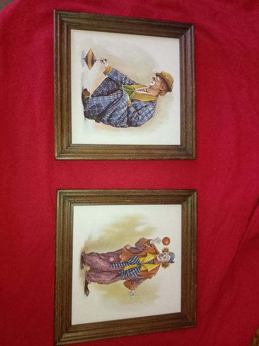 Set 2 Tablouri Vintage Ceramica - Clovni Circ - 18,5 cm - Rama Lemn - Anii 80