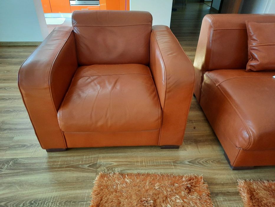 Set canapea de colt si fotoliu din piele naturala