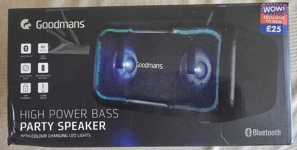 Мощна парти тонколона Goodmans, 60W,  с батерия, USB playback, 3,5 мм порт. Цена - 15 евро