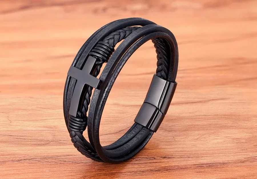 Мъжка кожена гривна с метално кръстче, Златен Сребърен или Черен кръст