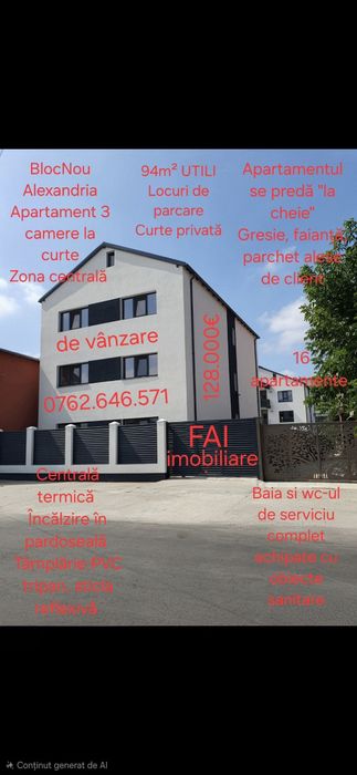 BlocNou Alexandria - Apartament 3 camere 94mp UTILI la curte Central