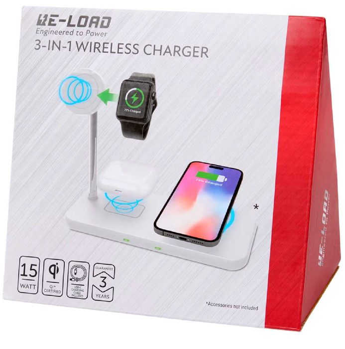 3-в-1 безжично зарядно Qi 15W – стойка за телефон,часовник + слушалки