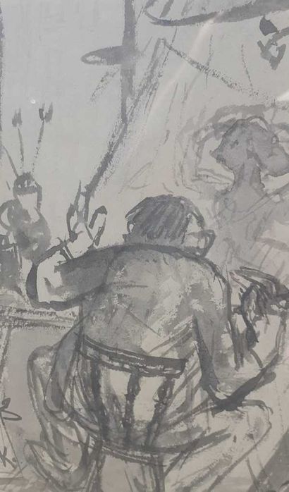 Tablou vechi - tus laviu - semnat H.K.