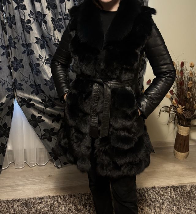 Haina din piele naturala cu blana naturala