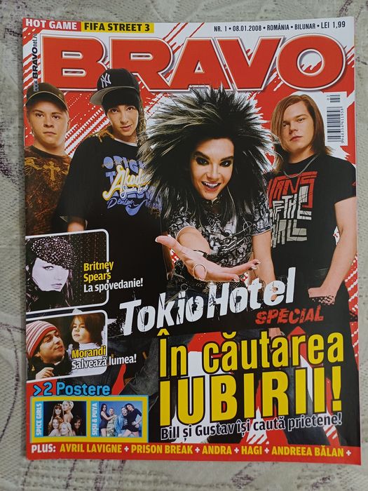 Vand revista Bravo ianuarie 2008, completă, cu Tokio Hotel, CU POSTERE cu Sisu&Puya si Spice Girls, in stare impecabilă