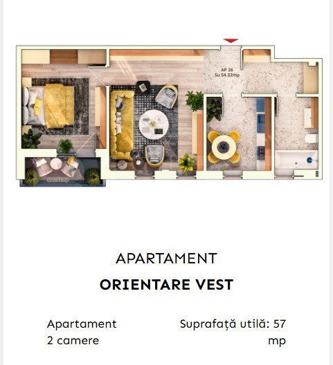 Apartament 2 camere semidecomandate, 52 mp, 9.30mp balcon, parcare sub