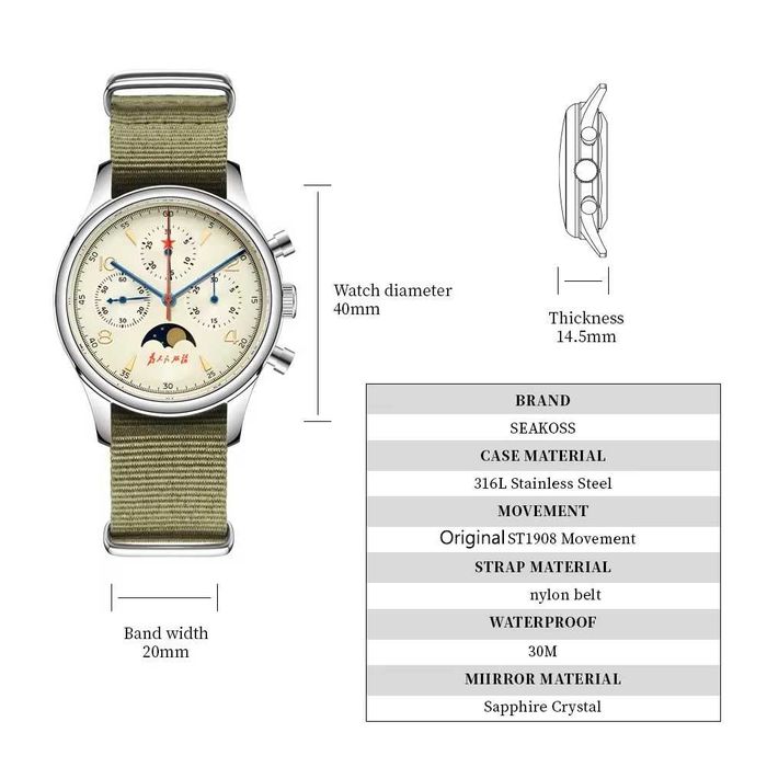 Ceas 40mm Safir Cronograf Pilot 1963 Seagull Moonphase ST1908 Calendar