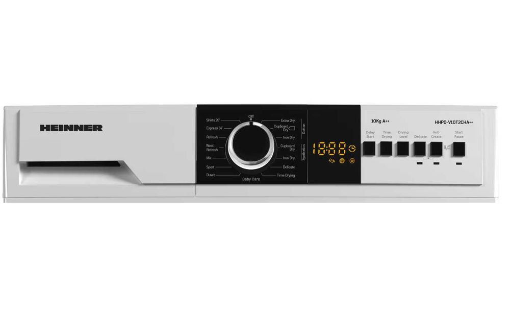 Сушилня Heinner с термопомпа HHPD-V10T2CHA++, 10 кг, 15 програми LED дисплей, Осветеление в барабана, Бърза програма за ризи 20 мин, Програма express