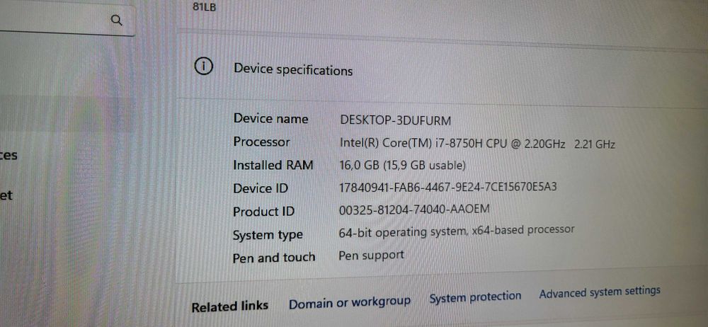 Lenovo LEGION i7  Y530 -15ICH-1060 model 81LB Intel i7 -8750H Cpu 16Gb ssd256Gb  Nvidia GeForce GTX 1060 6144MB GDDR 5  display Spart