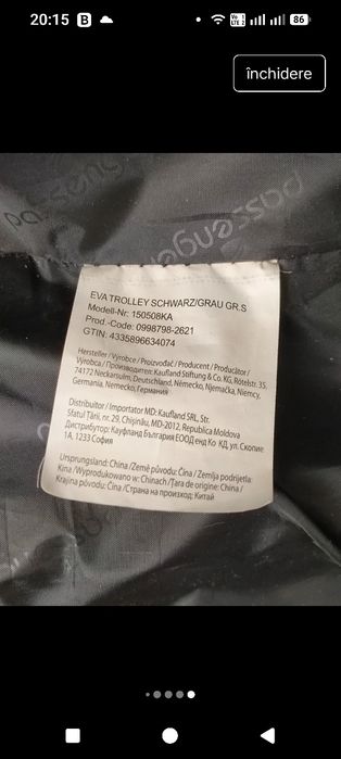 Troler de cabina cu doua roti- Passenger- Eva Trolley Schwarz/Grau