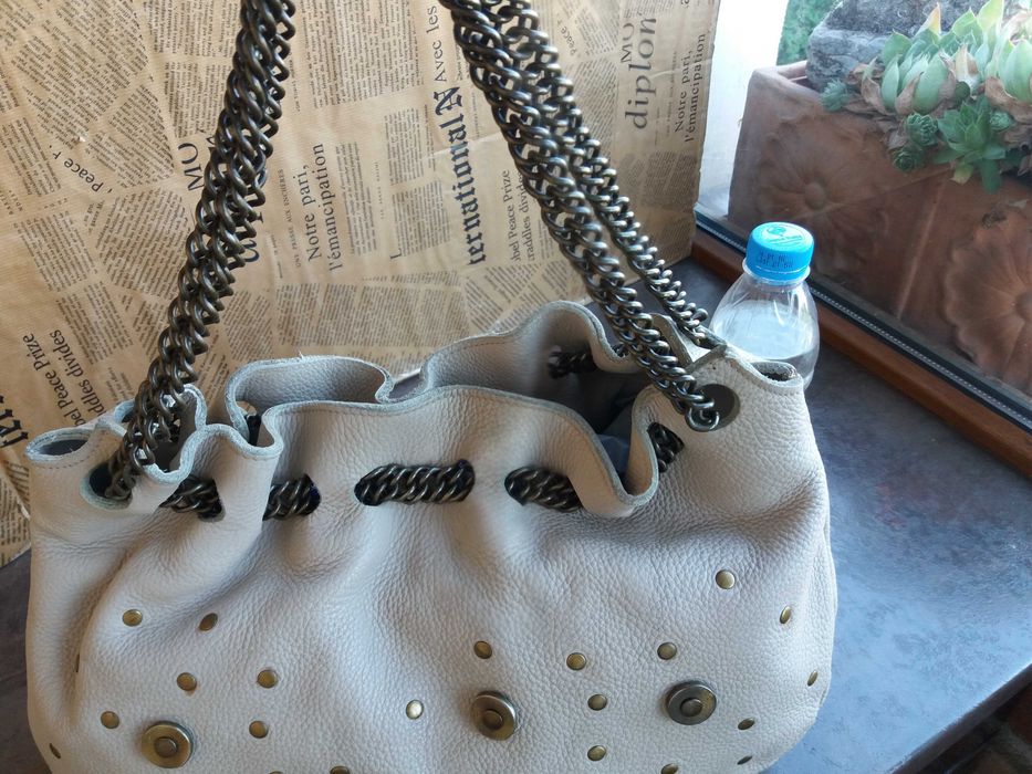 дамска чанта бежова,кожена торба-естествена кожа