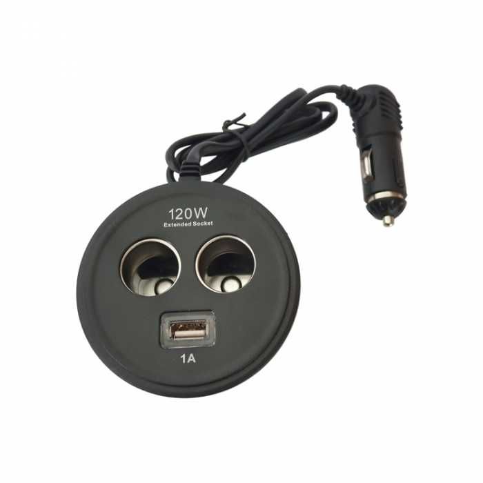 Разклонител за запалка един USB порт и две гнезда 120W - 1671