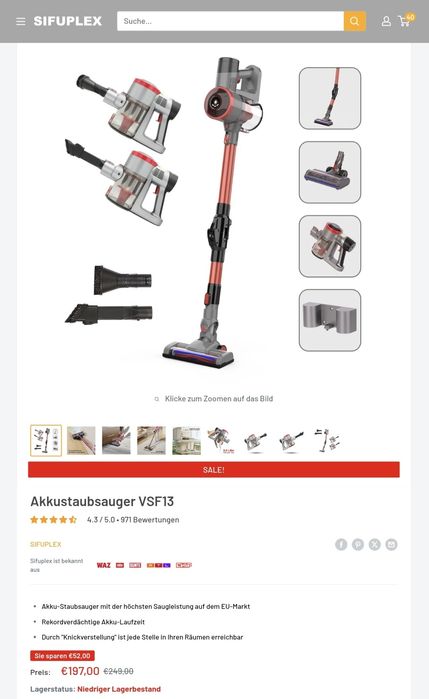 Безжична прахосмукачка Sifuplex VSF13,250W ,0.6л,2200mha батерия,17000па мощност на засмукане