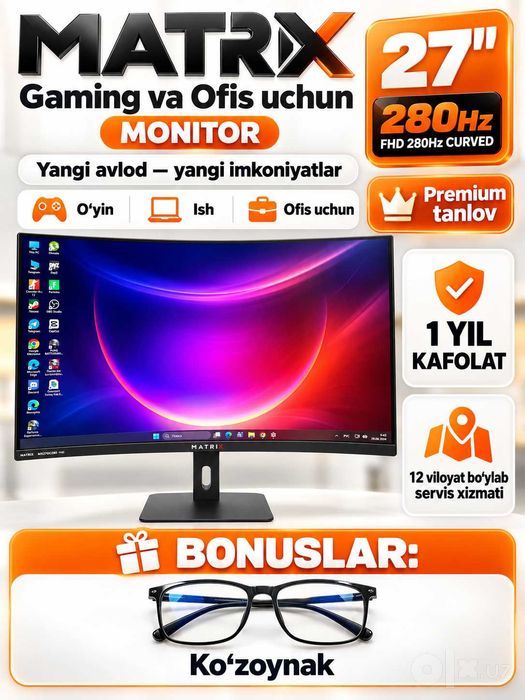 Monitor MATRIX 27″ 280Hz Full HD, gaming va ofis uchun ideal tanlov