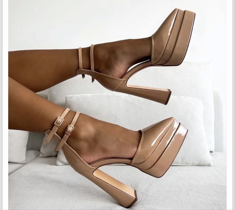 Обувки с висок ток - капучино лак