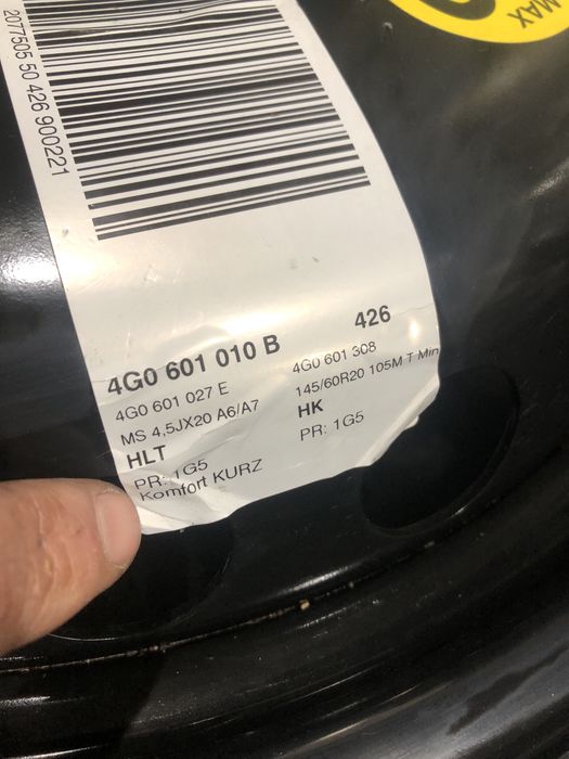 Roata rezerva slim Audi A6 Audi A7. R20 noua. Cod: 4G0601027E. Et22