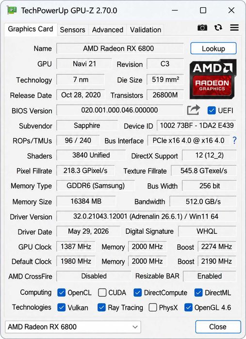 Видеокарта Sapphire RX 6800 16Gb NITRO+