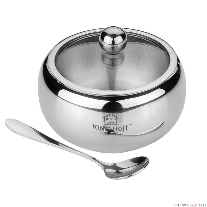 Recipient pentru zahar, sosuri, condimente, cu lingura si capac, inox,